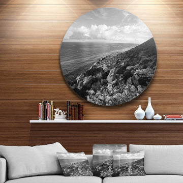 Sunrise over Sicily Black and White - Sea & Shore Round Metal Wall Art